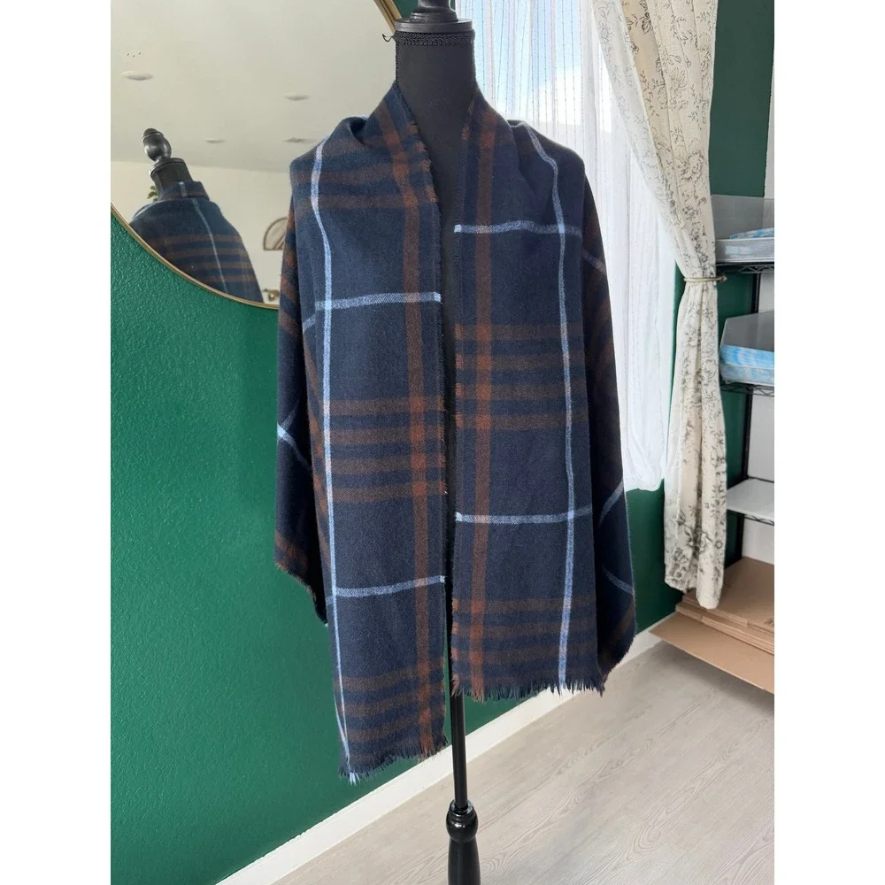 Banana Republic Navy Blue Brown Plaid Oversized Blanket Scarf Shawl Wrap Preppy